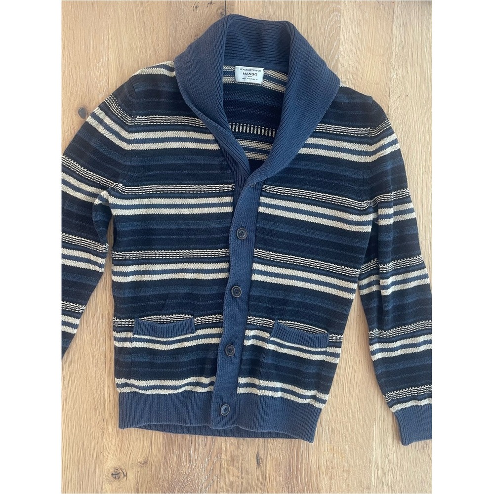Blacksmith & Co Mango Man Mens Shawl Collar Striped Cardigan Sweater Navy Blue